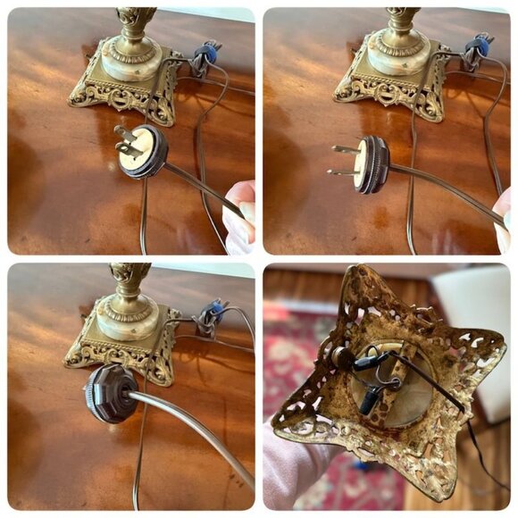 Antique Ornate Brass Parlor Oil Lamp W/ Cherubs Alabaster Base Hand Painted Glas - Picture 10 of 10